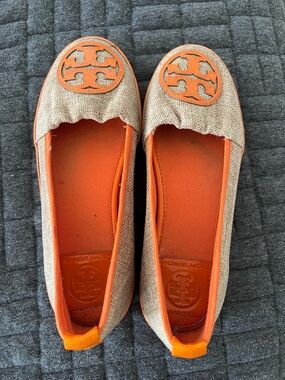 Tory Burch Beige Canvas Ballet Flats with Orange Trim and Logo